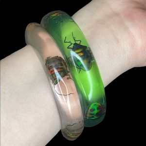 Set of 2 acrylic bangle bracelets with real beetles inside! Light pink and green